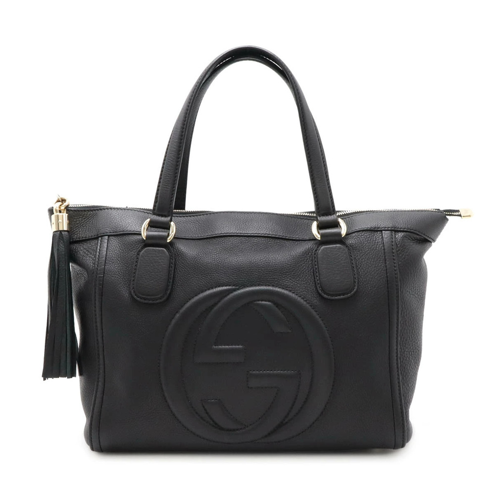 Gucci Soho Interlocking G Tote Bag Handbag Fringe Tassel Leather Black